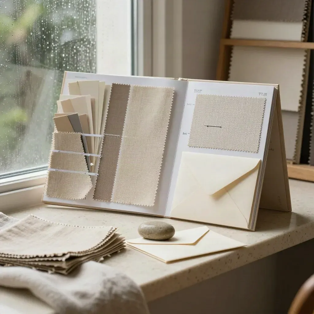 Stylingkit voor thuis op een travertijnen vensterbank met stofstalen en een lichtbeige papiergewicht.