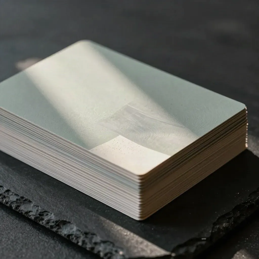 Saliegroene kleurenkaart met swatches en transparant vel op zwarte steen, dramatisch belicht