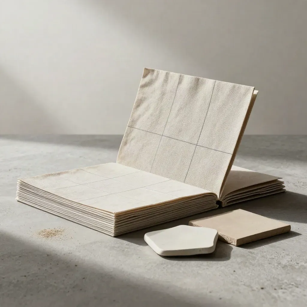 Moodboardset voor slaapkamer met vellen, linnen staal, kleichip en keramisch fragment op beton.