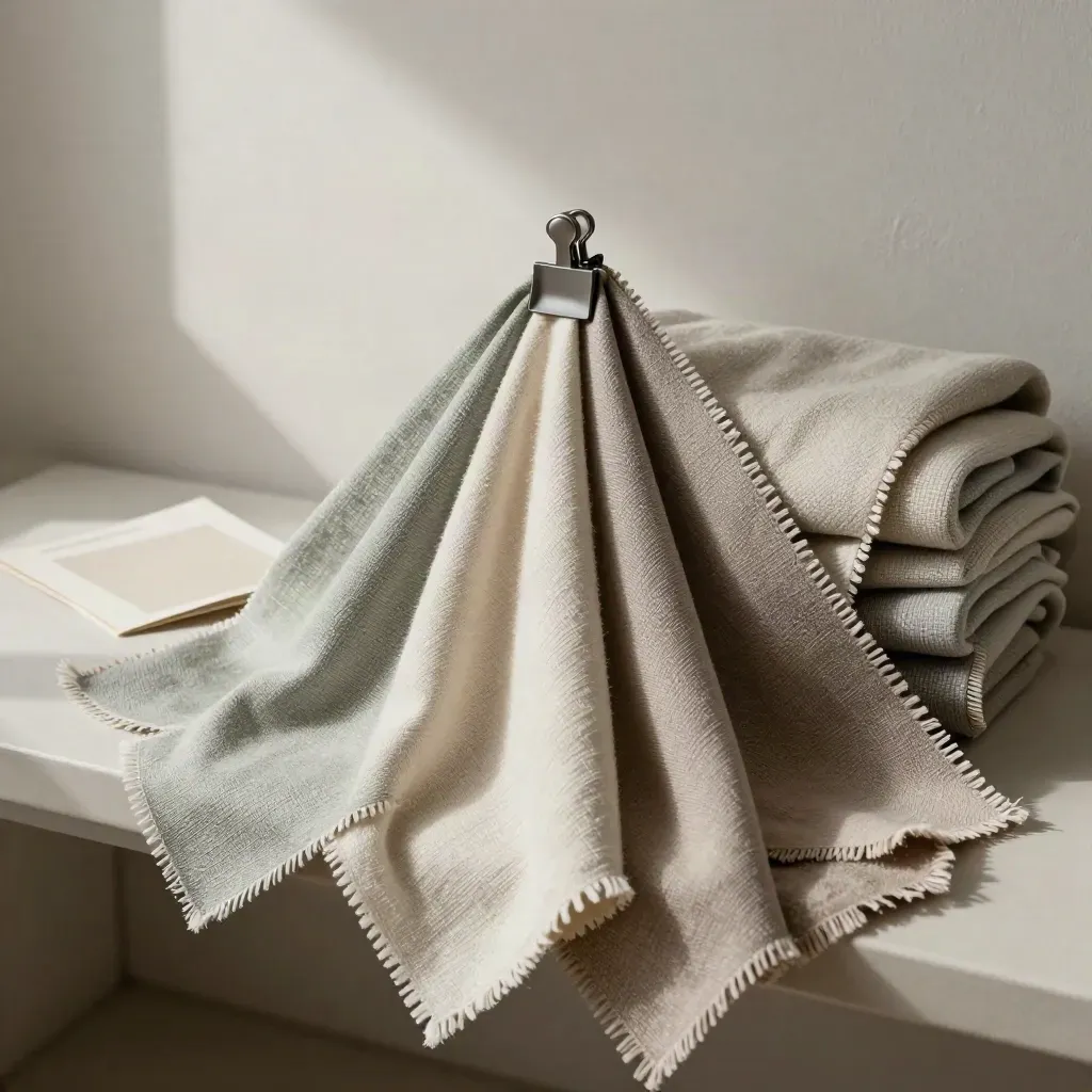 Vijf textielstalen op een lichte bank naast een gevouwen plaid, zacht van linksboven belicht.